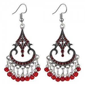 Beads Tassel Decorated Unique Waterdrop Design Vintage Fashion Women Costume Earrings - Red