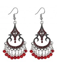 Beads Tassel Decorated Unique Waterdrop Design Vintage Fashion Women Costume Earrings - Red