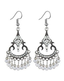 Beads Tassel Decorated Unique Waterdrop Design Vintage Fashion Women Costume Earrings - White