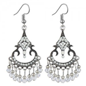 Beads Tassel Decorated Unique Waterdrop Design Vintage Fashion Women Costume Earrings - White