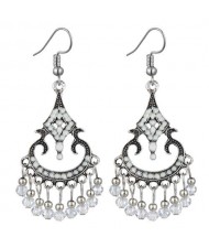 Beads Tassel Decorated Unique Waterdrop Design Vintage Fashion Women Costume Earrings - White