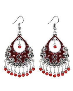 Vintage Folk Style Hollow Waterdrop with Beads Tassel Design High Fashion Women Earrings - Red