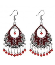 Vintage Folk Style Hollow Waterdrop with Beads Tassel Design High Fashion Women Earrings - Red