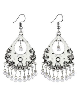 Vintage Folk Style Hollow Waterdrop with Beads Tassel Design High Fashion Women Earrings - White