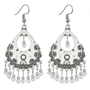 Vintage Folk Style Hollow Waterdrop with Beads Tassel Design High Fashion Women Earrings - White