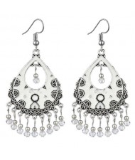 Vintage Folk Style Hollow Waterdrop with Beads Tassel Design High Fashion Women Earrings - White