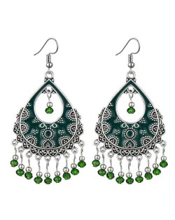 Vintage Folk Style Hollow Waterdrop with Beads Tassel Design High Fashion Women Earrings - Green