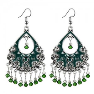 Vintage Folk Style Hollow Waterdrop with Beads Tassel Design High Fashion Women Earrings - Green