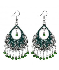 Vintage Folk Style Hollow Waterdrop with Beads Tassel Design High Fashion Women Earrings - Green