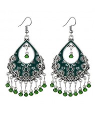 Vintage Folk Style Hollow Waterdrop with Beads Tassel Design High Fashion Women Earrings - Green