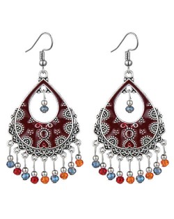 Vintage Folk Style Hollow Waterdrop with Beads Tassel Design High Fashion Women Earrings - Red and Multicolor
