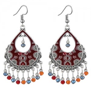 Vintage Folk Style Hollow Waterdrop with Beads Tassel Design High Fashion Women Earrings - Red and Multicolor