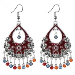 Vintage Folk Style Hollow Waterdrop with Beads Tassel Design High Fashion Women Earrings - Red and Multicolor
