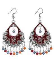 Vintage Folk Style Hollow Waterdrop with Beads Tassel Design High Fashion Women Earrings - Red and Multicolor
