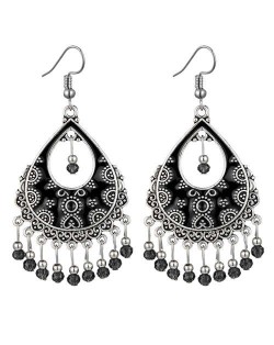 Vintage Folk Style Hollow Waterdrop with Beads Tassel Design High Fashion Women Earrings - Black