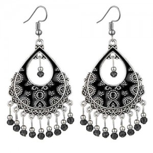 Vintage Folk Style Hollow Waterdrop with Beads Tassel Design High Fashion Women Earrings - Black