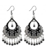 Vintage Folk Style Hollow Waterdrop with Beads Tassel Design High Fashion Women Earrings - Black
