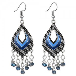 Resin Beads Tassel Fashion Hollow Dimensional Waterdrop Design Women Costume Alloy Earrings - Blue