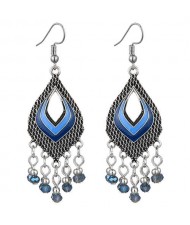 Resin Beads Tassel Fashion Hollow Dimensional Waterdrop Design Women Costume Alloy Earrings - Blue