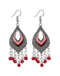 Resin Beads Tassel Fashion Hollow Dimensional Waterdrop Design Women Costume Alloy Earrings - Red