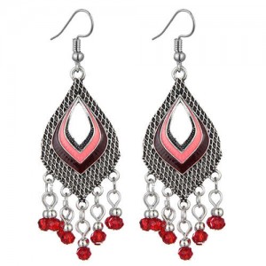 Resin Beads Tassel Fashion Hollow Dimensional Waterdrop Design Women Costume Alloy Earrings - Red