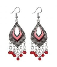 Resin Beads Tassel Fashion Hollow Dimensional Waterdrop Design Women Costume Alloy Earrings - Red