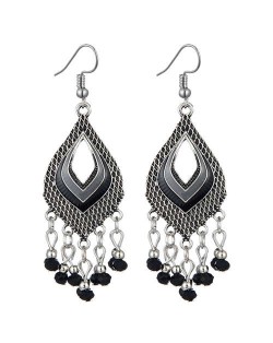 Resin Beads Tassel Fashion Hollow Dimensional Waterdrop Design Women Costume Alloy Earrings - Black