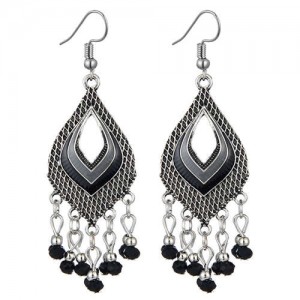 Resin Beads Tassel Fashion Hollow Dimensional Waterdrop Design Women Costume Alloy Earrings - Black