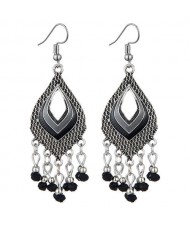Resin Beads Tassel Fashion Hollow Dimensional Waterdrop Design Women Costume Alloy Earrings - Black