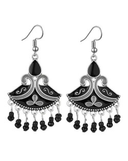 Oil-spot Glazed Fan-shape Waterdrop Tassel Fashion Women Alloy Earrings - Black
