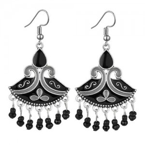 Oil-spot Glazed Fan-shape Waterdrop Tassel Fashion Women Alloy Earrings - Black