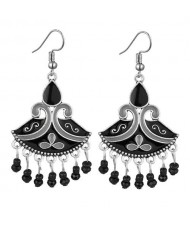 Oil-spot Glazed Fan-shape Waterdrop Tassel Fashion Women Alloy Earrings - Black