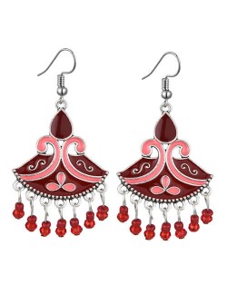 Oil-spot Glazed Fan-shape Waterdrop Tassel Fashion Women Alloy Earrings - Pink