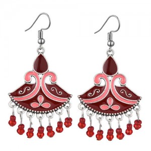 Oil-spot Glazed Fan-shape Waterdrop Tassel Fashion Women Alloy Earrings - Pink