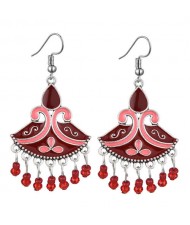 Oil-spot Glazed Fan-shape Waterdrop Tassel Fashion Women Alloy Earrings - Pink