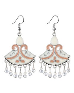 Oil-spot Glazed Fan-shape Waterdrop Tassel Fashion Women Alloy Earrings - White