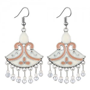 Oil-spot Glazed Fan-shape Waterdrop Tassel Fashion Women Alloy Earrings - White