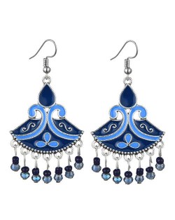 Oil-spot Glazed Fan-shape Waterdrop Tassel Fashion Women Alloy Earrings - Blue