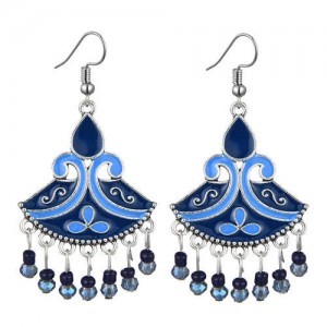 Oil-spot Glazed Fan-shape Waterdrop Tassel Fashion Women Alloy Earrings - Blue