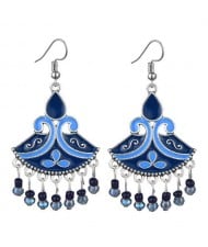 Oil-spot Glazed Fan-shape Waterdrop Tassel Fashion Women Alloy Earrings - Blue