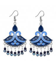 Oil-spot Glazed Fan-shape Waterdrop Tassel Fashion Women Alloy Earrings - Blue