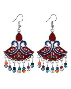 Oil-spot Glazed Fan-shape Waterdrop Tassel Fashion Women Alloy Earrings - Red