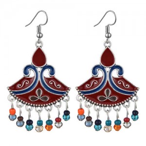 Oil-spot Glazed Fan-shape Waterdrop Tassel Fashion Women Alloy Earrings - Red