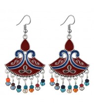 Oil-spot Glazed Fan-shape Waterdrop Tassel Fashion Women Alloy Earrings - Red