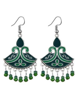 Oil-spot Glazed Fan-shape Waterdrop Tassel Fashion Women Alloy Earrings - Green