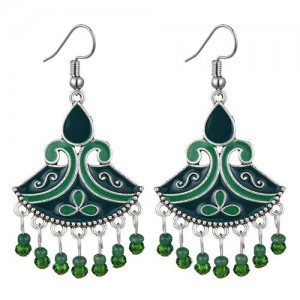 Oil-spot Glazed Fan-shape Waterdrop Tassel Fashion Women Alloy Earrings - Green