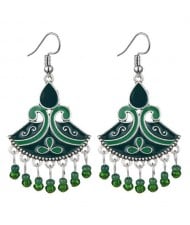Oil-spot Glazed Fan-shape Waterdrop Tassel Fashion Women Alloy Earrings - Green