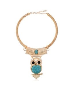 Turquoise Inlaid Night Owl Pendant Golden Fashion Women Alloy Necklet - Golden