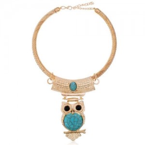 Turquoise Inlaid Night Owl Pendant Golden Fashion Women Alloy Necklet - Golden