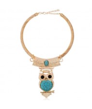 Turquoise Inlaid Night Owl Pendant Golden Fashion Women Alloy Necklet - Golden